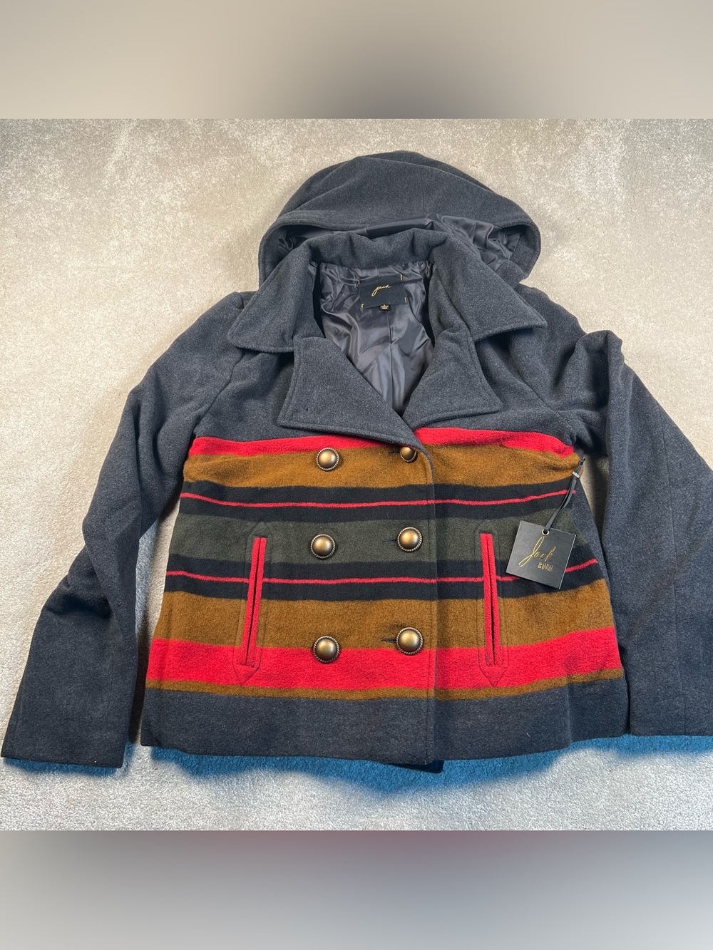 Jack by BB Dakota Cromwell Blanket Striped Peacoat Brass Toned Buttons NWT Large